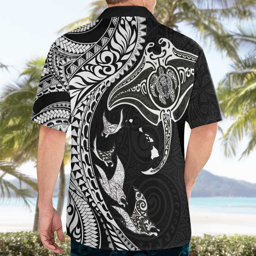 Hawaiian Manta Ray and Polynesian Tribal Tattoo Hawaiian Shirt Black Color LT03