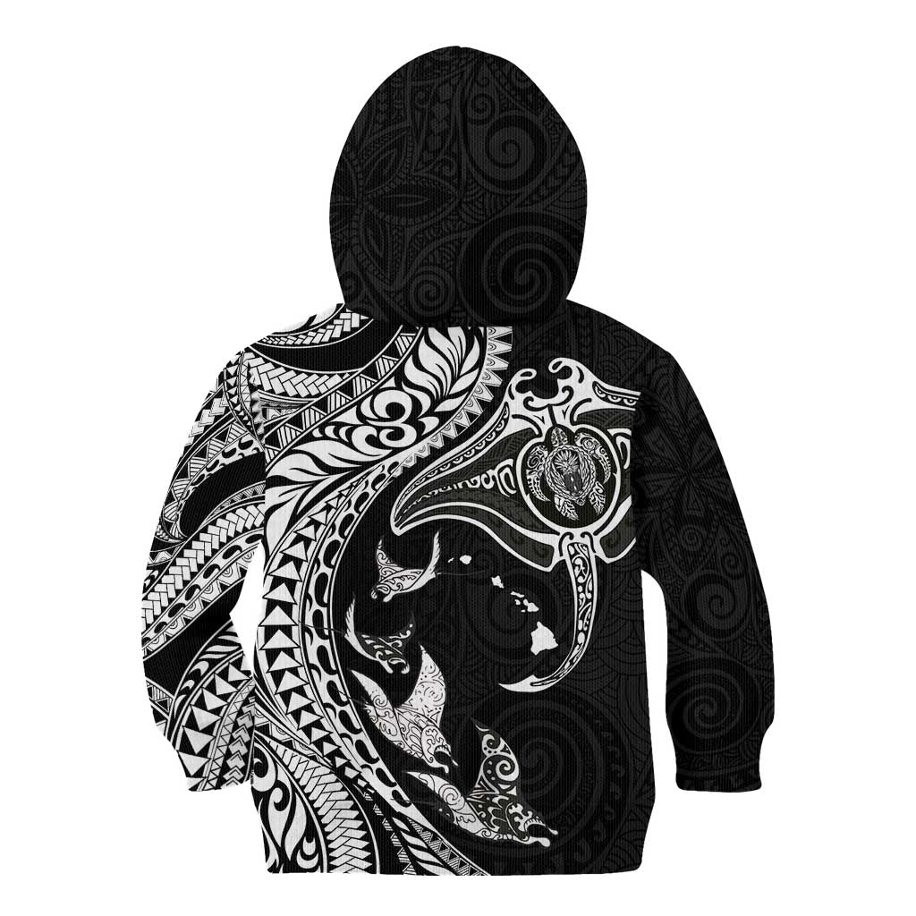 Hawaiian Manta Ray and Polynesian Tribal Tattoo Kid Hoodie Black Color LT03