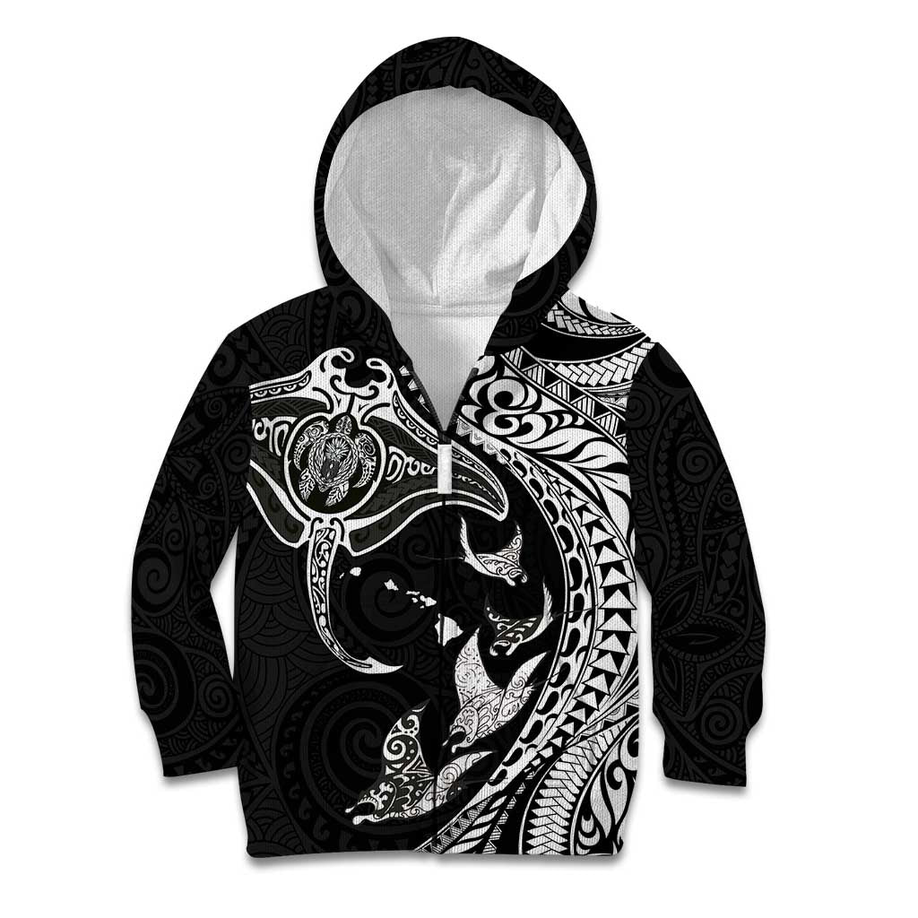 Hawaiian Manta Ray and Polynesian Tribal Tattoo Kid Hoodie Black Color LT03