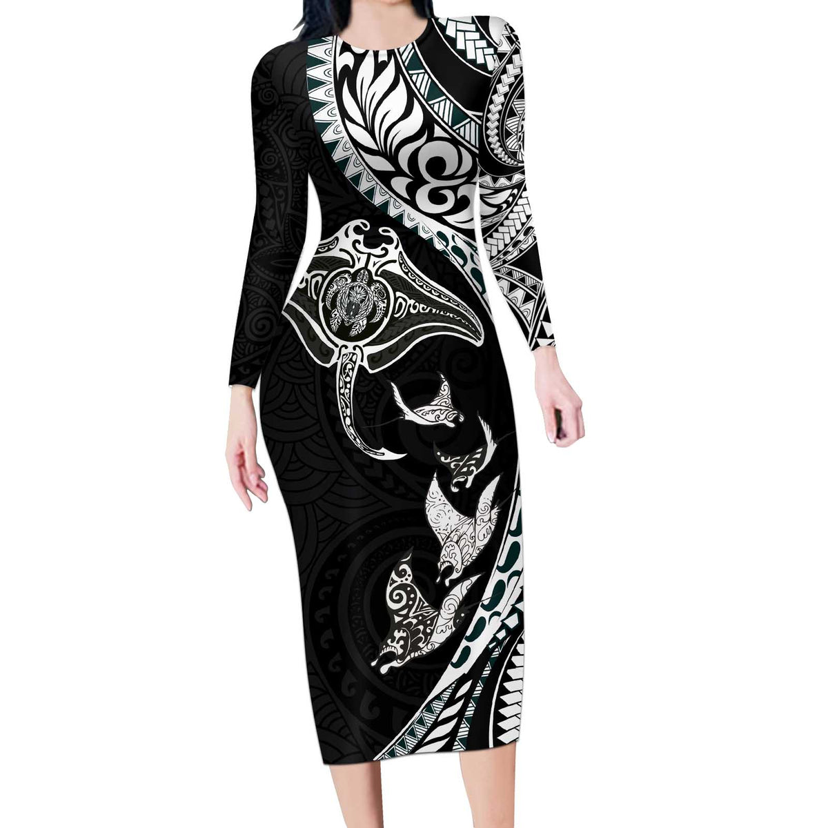 Hawaiian Manta Ray and Polynesian Tribal Tattoo Long Sleeve Bodycon Dress Black Color LT03