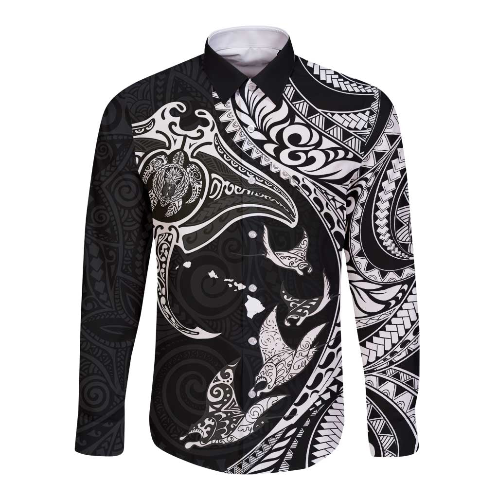 Hawaiian Manta Ray and Polynesian Tribal Tattoo Long Sleeve Button Shirt Black Color LT03 Unisex Black - Polynesian Pride