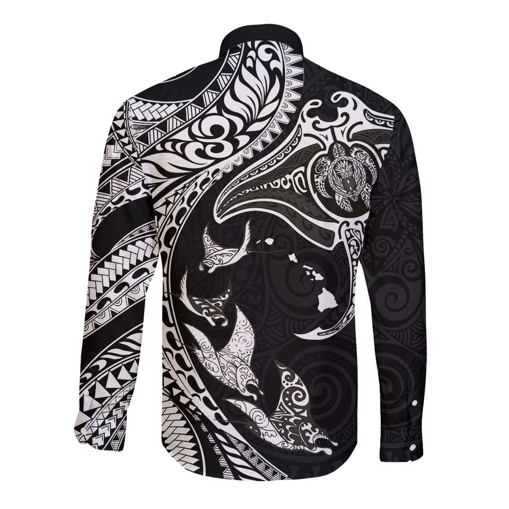 Hawaiian Manta Ray and Polynesian Tribal Tattoo Long Sleeve Button Shirt Black Color LT03 - Polynesian Pride