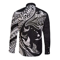 Hawaiian Manta Ray and Polynesian Tribal Tattoo Long Sleeve Button Shirt Black Color LT03 - Polynesian Pride