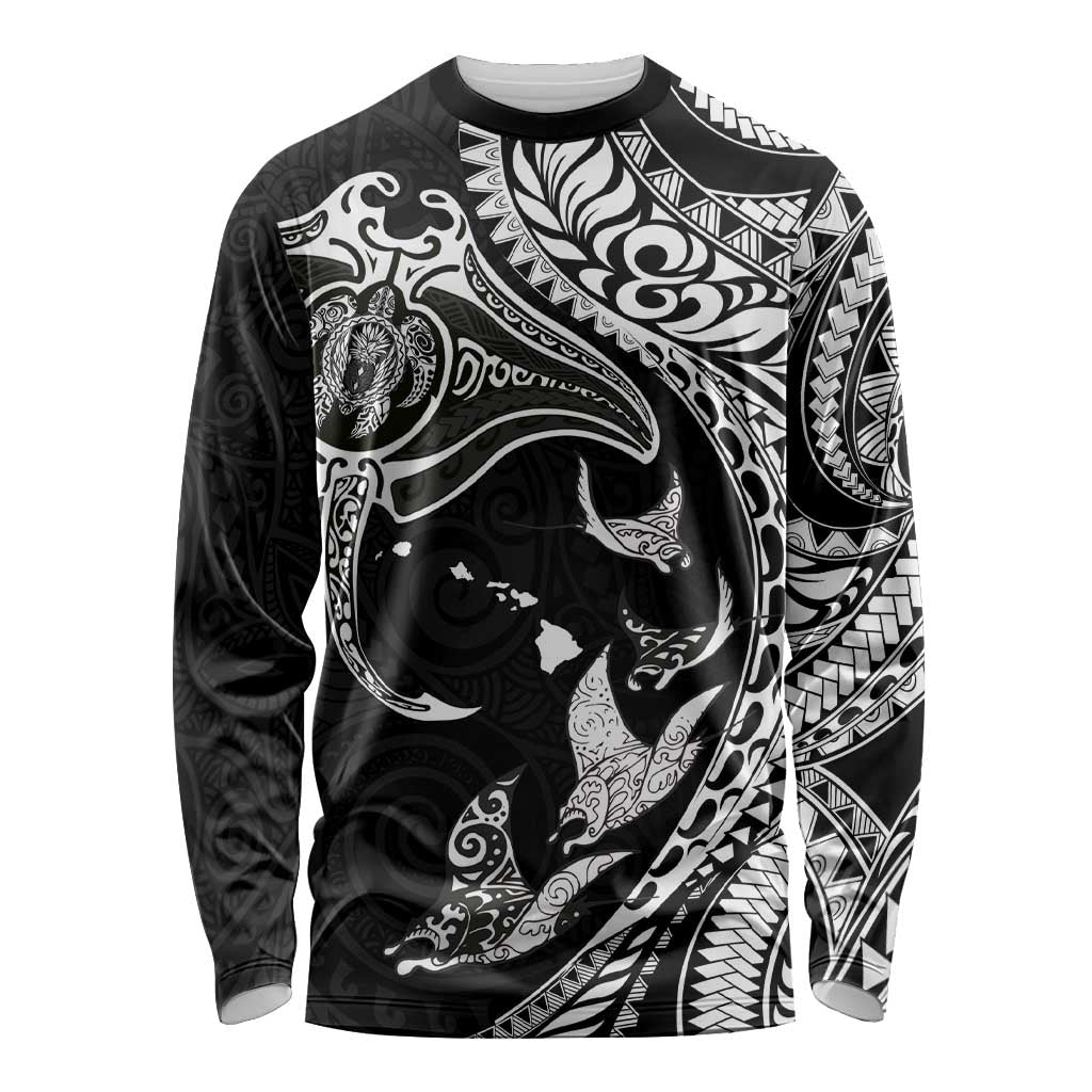 Hawaiian Manta Ray and Polynesian Tribal Tattoo Long Sleeve Shirt Black Color LT03 Unisex Black - Polynesian Pride