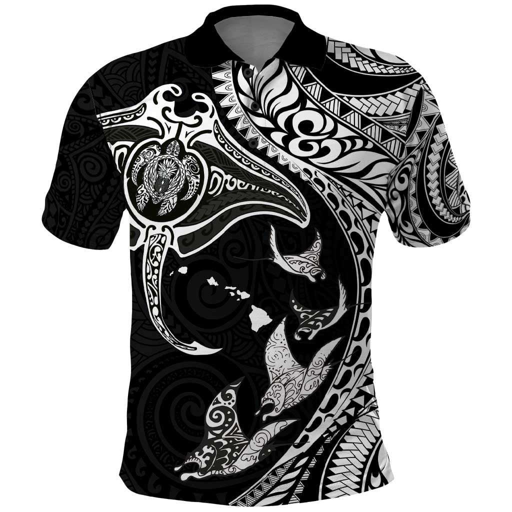 Hawaiian Manta Ray and Polynesian Tribal Tattoo Polo Shirt - Black Color LT03 Black - Polynesian Pride