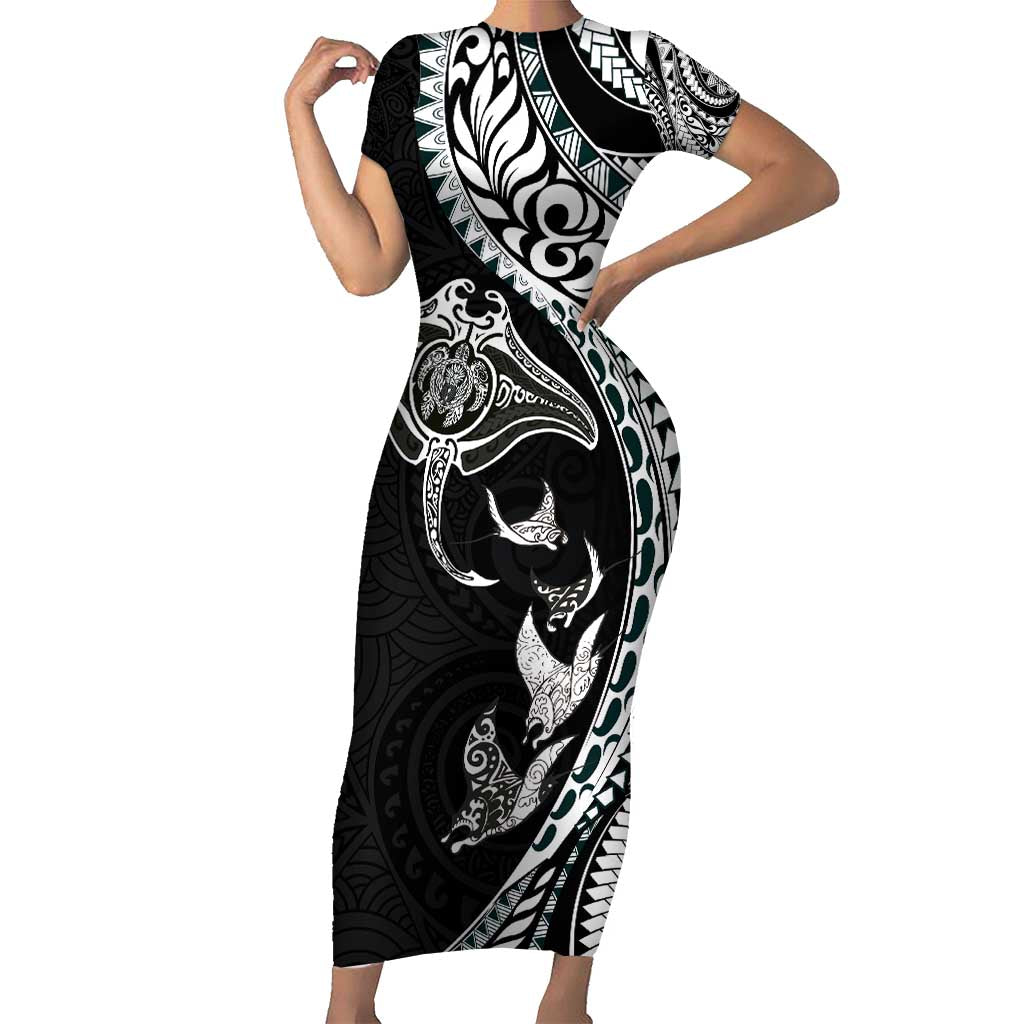 Hawaiian Manta Ray and Polynesian Tribal Tattoo Short Sleeve Bodycon D