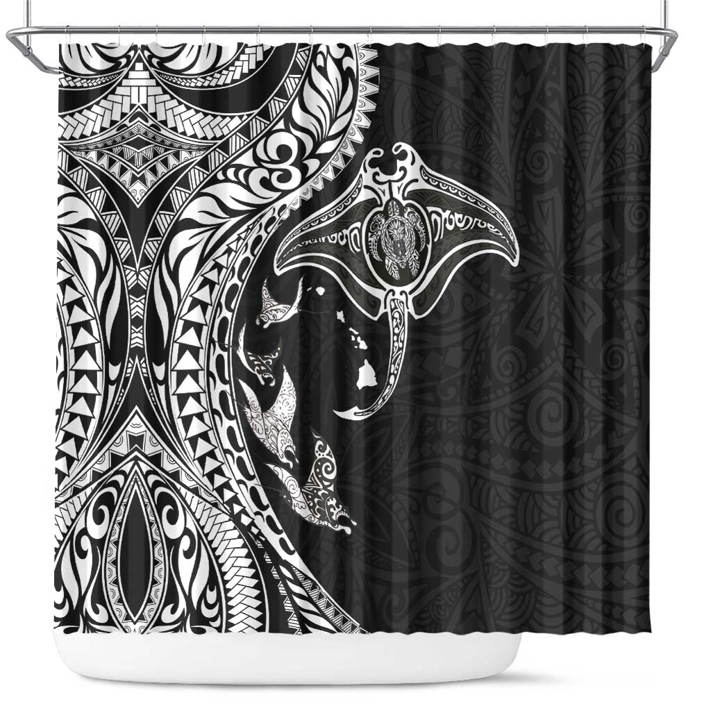 Hawaiian Manta Ray and Polynesian Tribal Tattoo Shower Curtain Black Color LT03 Black - Polynesian Pride