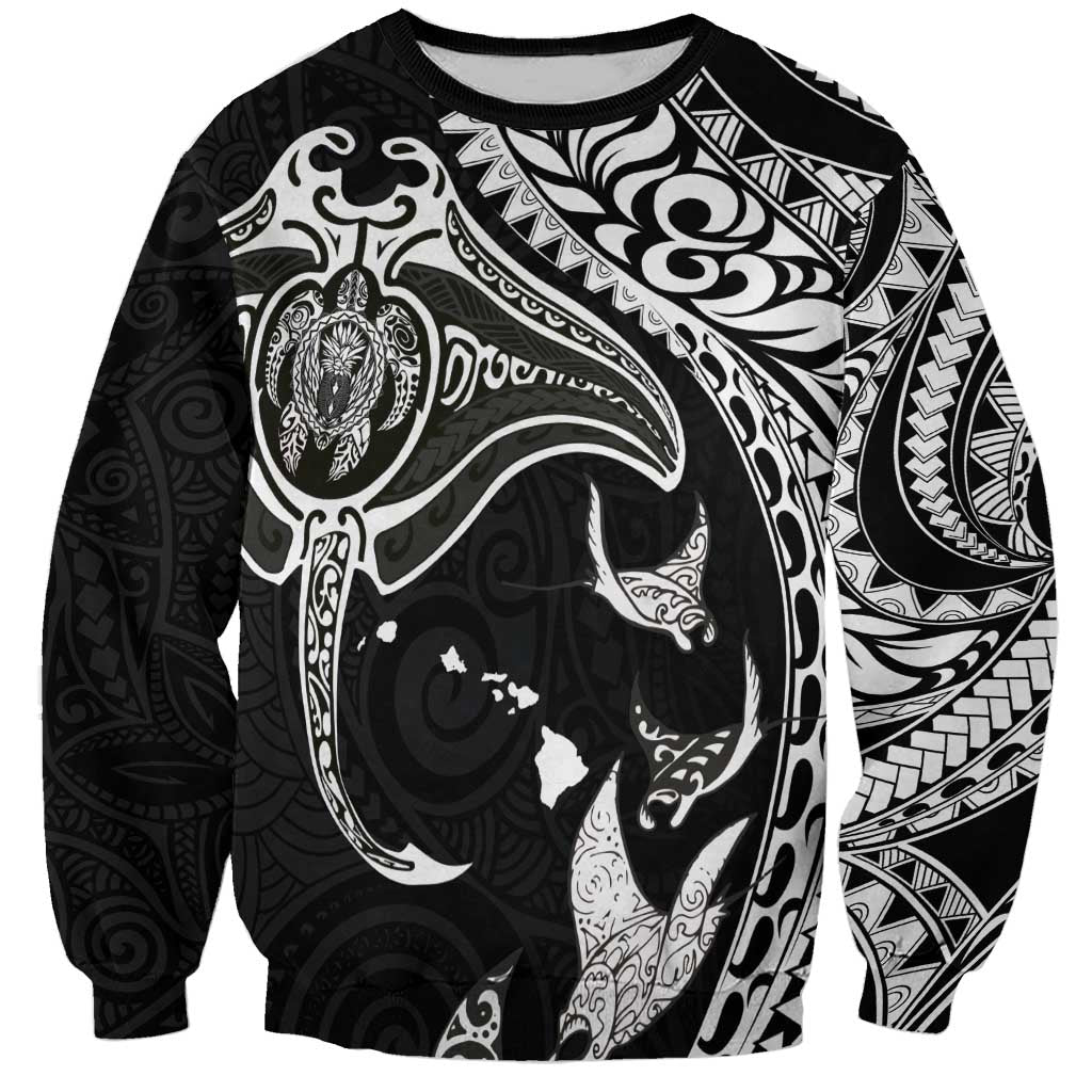 Hawaiian Manta Ray and Polynesian Tribal Tattoo Sweatshirt Black Color LT03