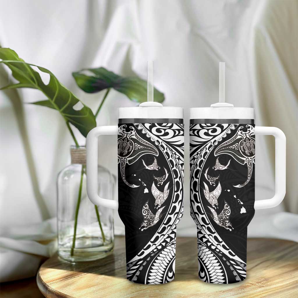 Hawaiian Manta Ray and Polynesian Tribal Tattoo Tumbler With Handle Black Color