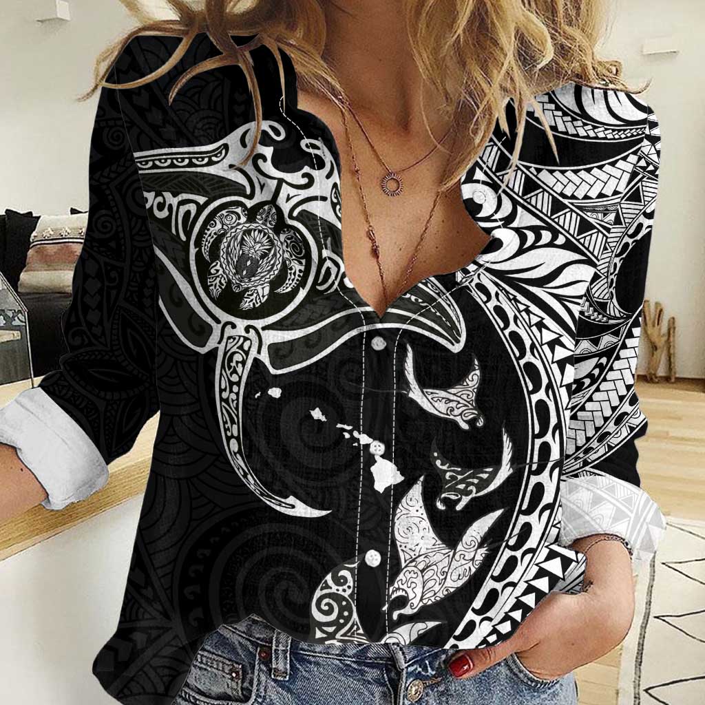 Hawaiian Manta Ray and Polynesian Tribal Tattoo Women Casual Shirt Black Color LT03