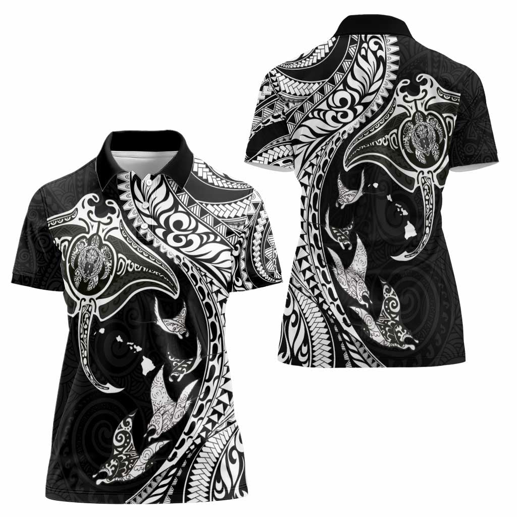 Hawaiian Manta Ray and Polynesian Tribal Tattoo Women Polo Shirt Black Color LT03
