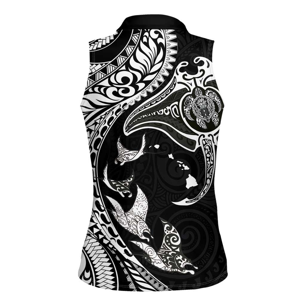 Hawaiian Manta Ray and Polynesian Tribal Tattoo Women Sleeveless Polo Shirt Black Color LT03