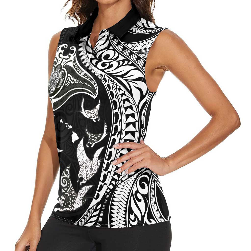 Hawaiian Manta Ray and Polynesian Tribal Tattoo Women Sleeveless Polo Shirt Black Color LT03