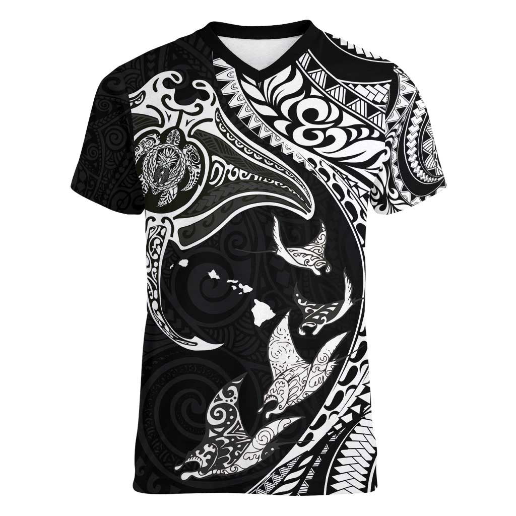 Hawaiian Manta Ray and Polynesian Tribal Tattoo Women V-Neck T-Shirt Black Color LT03 Female Black - Polynesian Pride