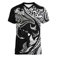 Hawaiian Manta Ray and Polynesian Tribal Tattoo Women V-Neck T-Shirt Black Color LT03