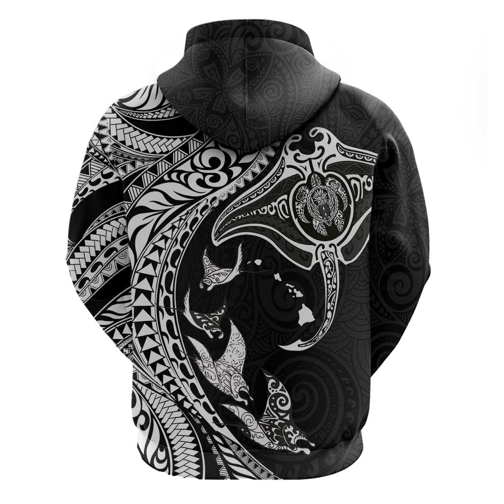 Hawaiian Manta Ray and Polynesian Tribal Tattoo Zip Hoodie Black Color LT03