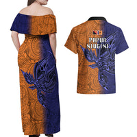 Papua New Guinea New Ireland Province Couples Matching Off Shoulder Maxi Dress and Hawaiian Shirt PNG Birds Of Paradise Polynesian Arty Style LT03 - Polynesian Pride