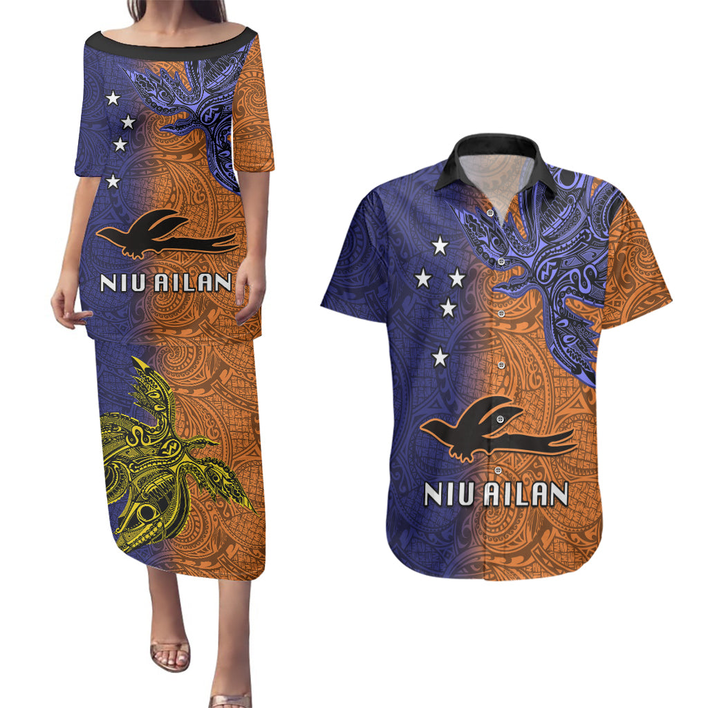 Papua New Guinea New Ireland Province Couples Matching Puletasi Dress and Hawaiian Shirt PNG Birds Of Paradise Polynesian Arty Style LT03 Orange - Polynesian Pride