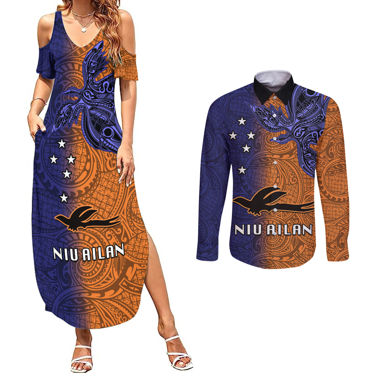 Papua New Guinea New Ireland Province Couples Matching Summer Maxi Dress and Long Sleeve Button Shirts PNG Birds Of Paradise Polynesian Arty Style LT03 Orange - Polynesian Pride