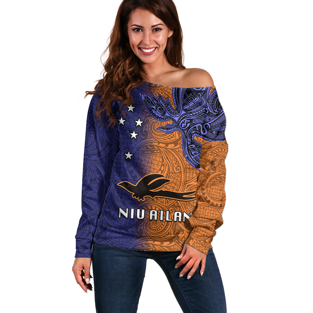 Papua New Guinea New Ireland Province Off Shoulder Sweater PNG Birds Of Paradise Polynesian Arty Style LT03 Women Orange - Polynesian Pride