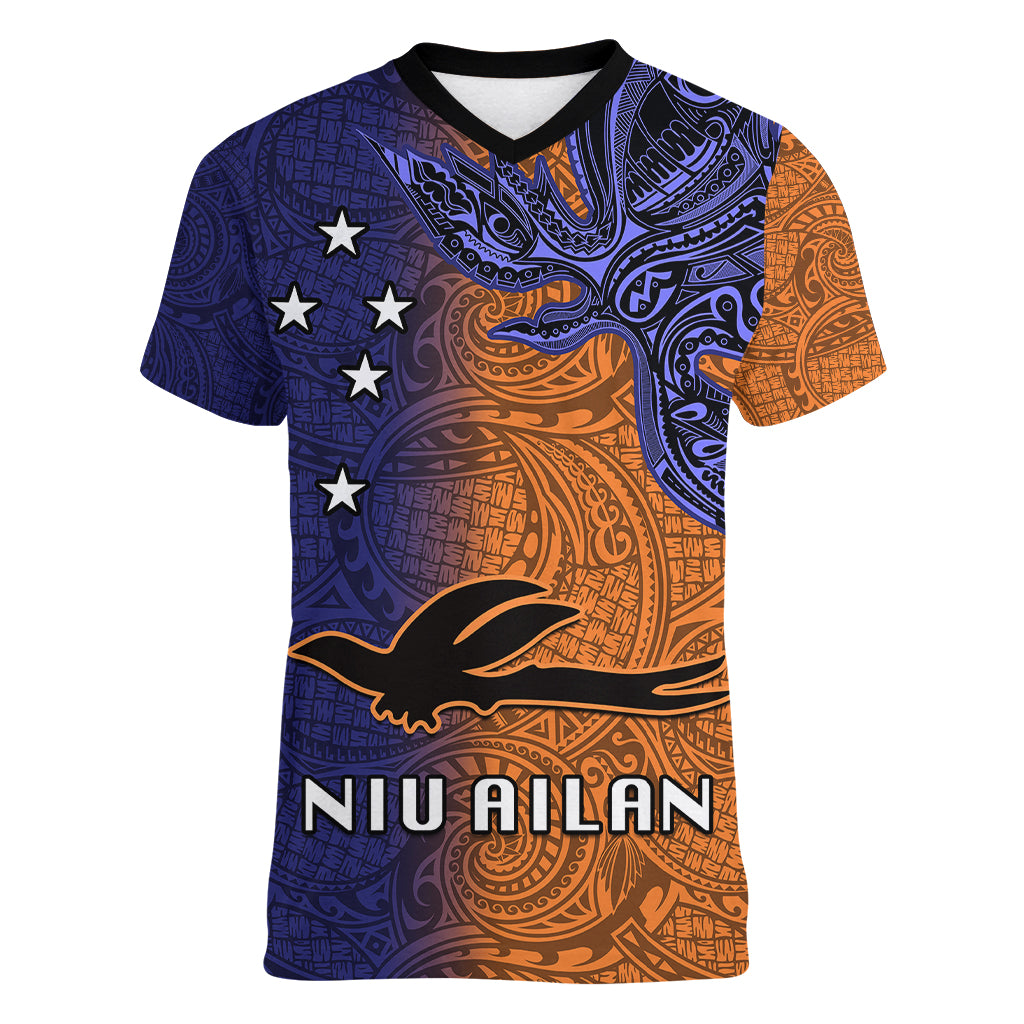 Papua New Guinea New Ireland Province Women V Neck T Shirt PNG Birds Of Paradise Polynesian Arty Style LT03 Female Orange - Polynesian Pride