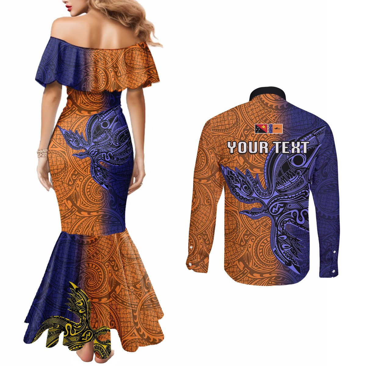 Custom Papua New Guinea New Ireland Province Couples Matching Mermaid Dress and Long Sleeve Button Shirts PNG Birds Of Paradise Polynesian Arty Style LT03 - Polynesian Pride