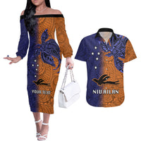 Custom Papua New Guinea New Ireland Province Couples Matching Off The Shoulder Long Sleeve Dress and Hawaiian Shirt PNG Birds Of Paradise Polynesian Arty Style LT03 Orange - Polynesian Pride