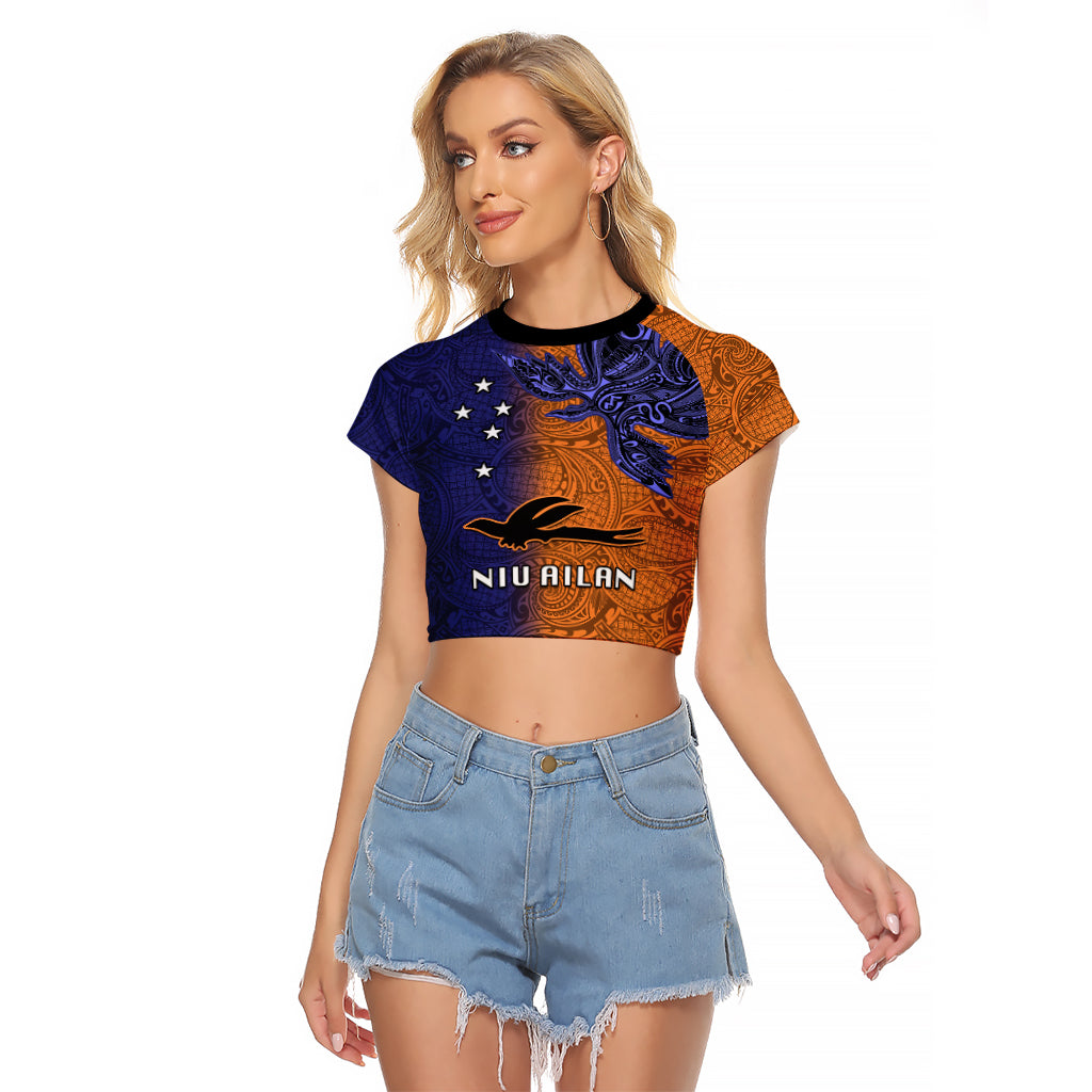 Custom Papua New Guinea New Ireland Province Raglan Cropped T Shirt PNG Birds Of Paradise Polynesian Arty Style LT03 Female Orange - Polynesian Pride