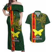 Papua New Guinea Oro Province Couples Matching Off Shoulder Maxi Dress and Hawaiian Shirt PNG Birds Of Paradise Polynesian Arty Style LT03 Green - Polynesian Pride