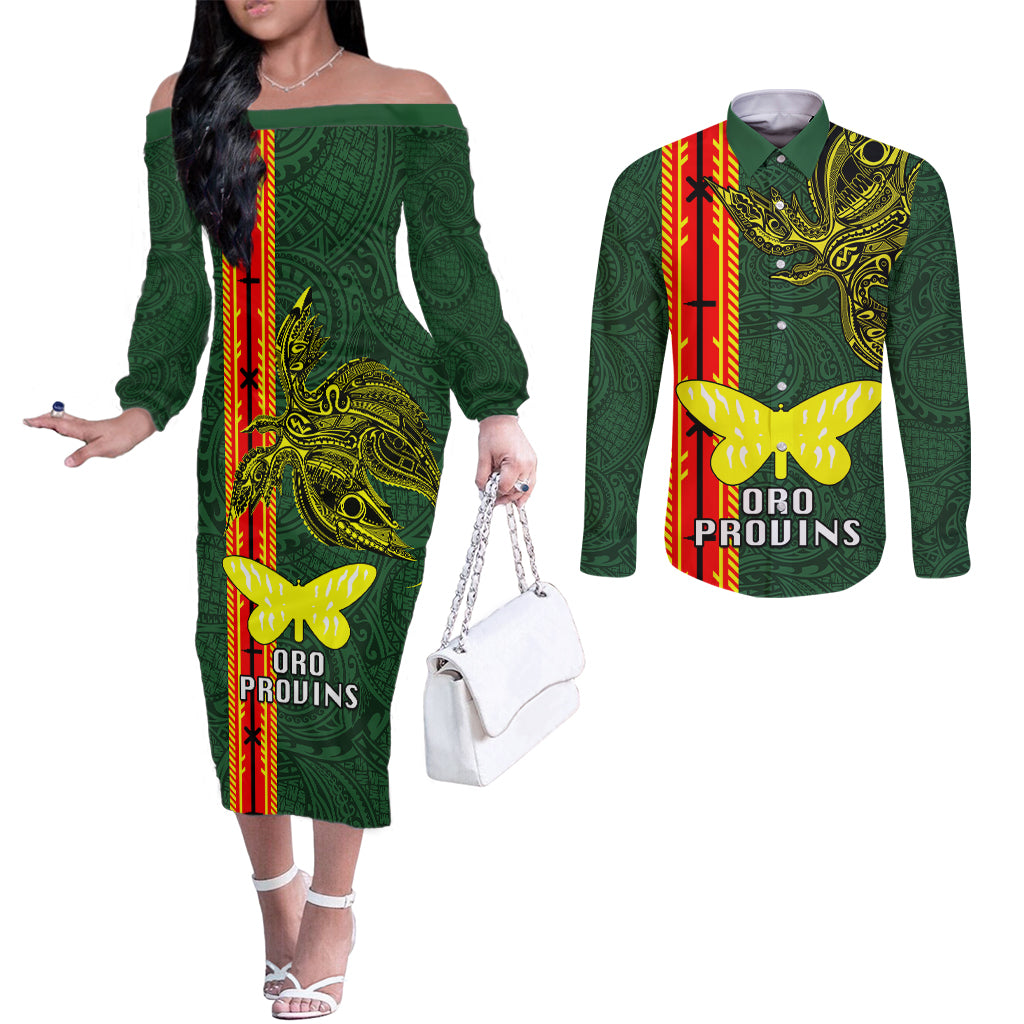 Papua New Guinea Oro Province Couples Matching Off The Shoulder Long Sleeve Dress and Long Sleeve Button Shirts PNG Birds Of Paradise Polynesian Arty Style LT03 Green - Polynesian Pride