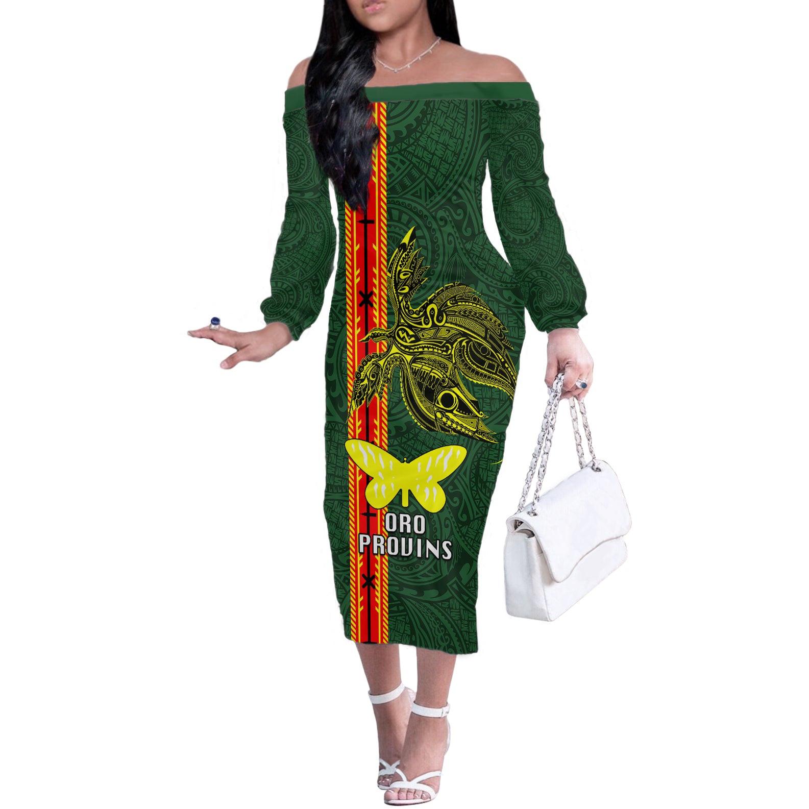 Papua New Guinea Oro Province Off The Shoulder Long Sleeve Dress PNG Birds Of Paradise Polynesian Arty Style LT03 Women Green - Polynesian Pride