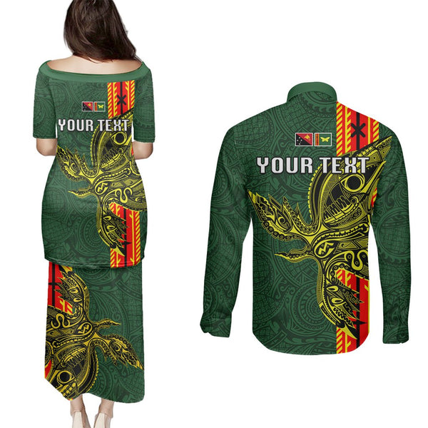 New Zealand Couples Matching Puletasi Dress and Long Sleeve Button Shirts Aotearoa Kiwi Bird Maori Fern Tattoo Arty LT9