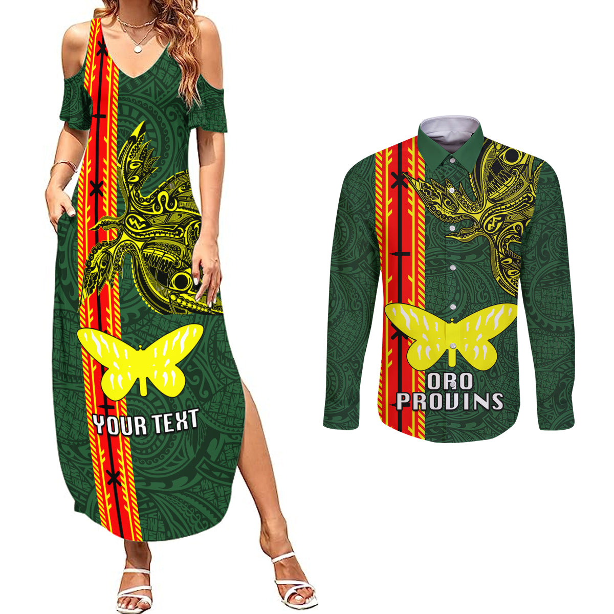 Custom Papua New Guinea Oro Province Couples Matching Summer Maxi Dress and Long Sleeve Button Shirts PNG Birds Of Paradise Polynesian Arty Style LT03 Green - Polynesian Pride