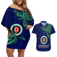 Papua New Guinea Bougainville Couples Matching Off Shoulder Short Dress and Hawaiian Shirt PNG Birds Of Paradise Polynesian Arty Style LT03 Blue - Polynesian Pride