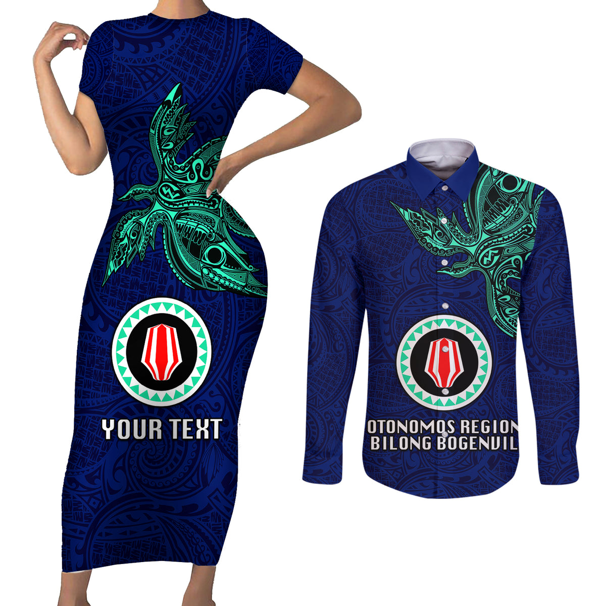 Custom Papua New Guinea Bougainville Couples Matching Short Sleeve Bodycon Dress and Long Sleeve Button Shirts PNG Birds Of Paradise Polynesian Arty Style LT03 Blue - Polynesian Pride