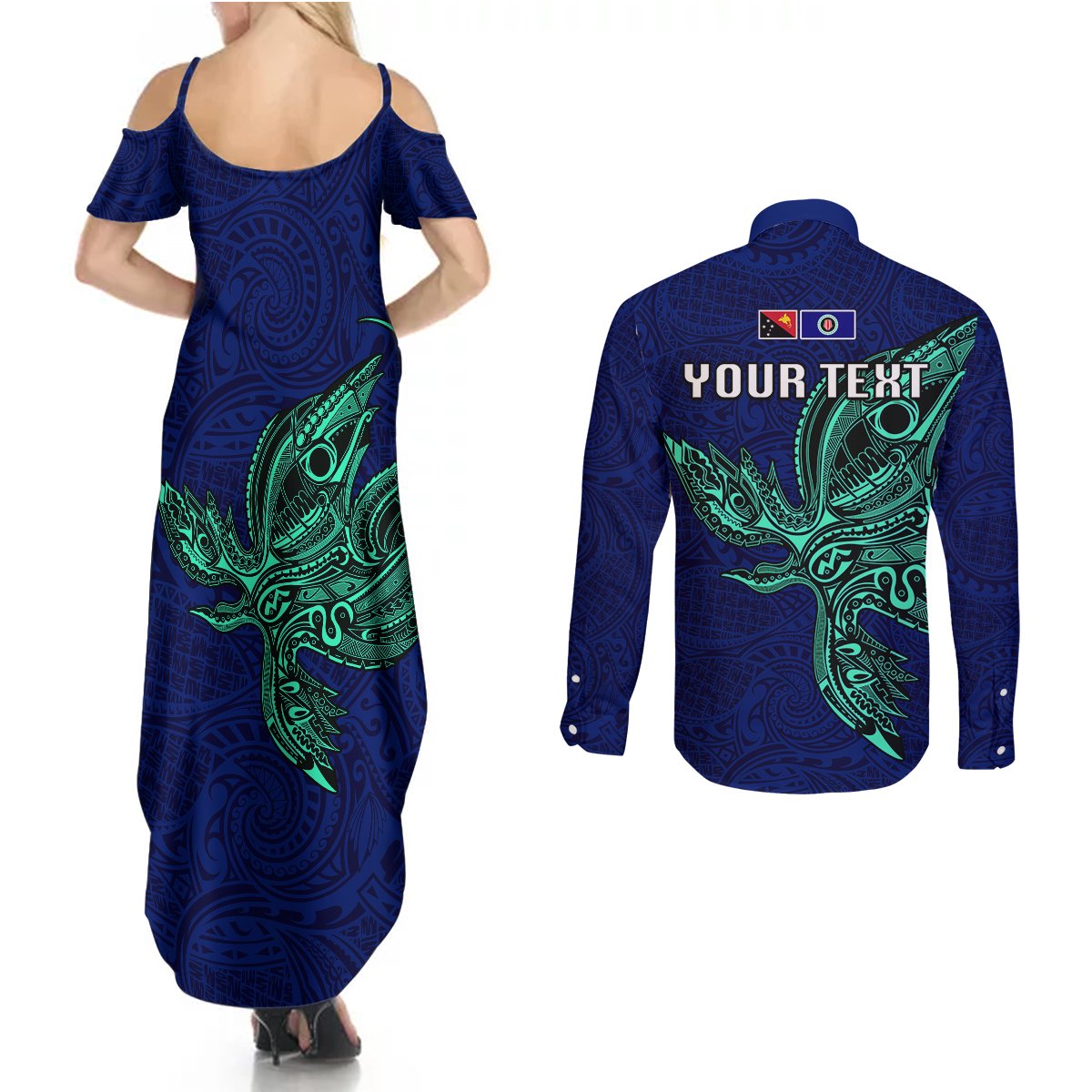 Custom Papua New Guinea Bougainville Couples Matching Summer Maxi Dress and Long Sleeve Button Shirts PNG Birds Of Paradise Polynesian Arty Style LT03 - Polynesian Pride