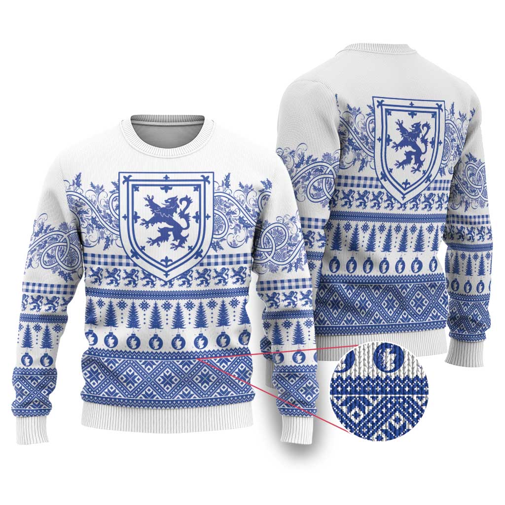 Scottish Christmas Ugly Christmas Sweater Scotland Thistle and Celtic Knot White-Blue Color - Polynesian Pride