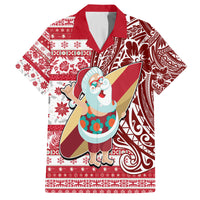 Hawaii Mele Kalikimaka Family Matching Long Sleeve Bodycon Dress and Hawaiian Shirt Santa Claus Surfing with Hawaiian Pattern Striped Red Style LT03 Dad's Shirt - Short Sleeve Red - Polynesian Pride