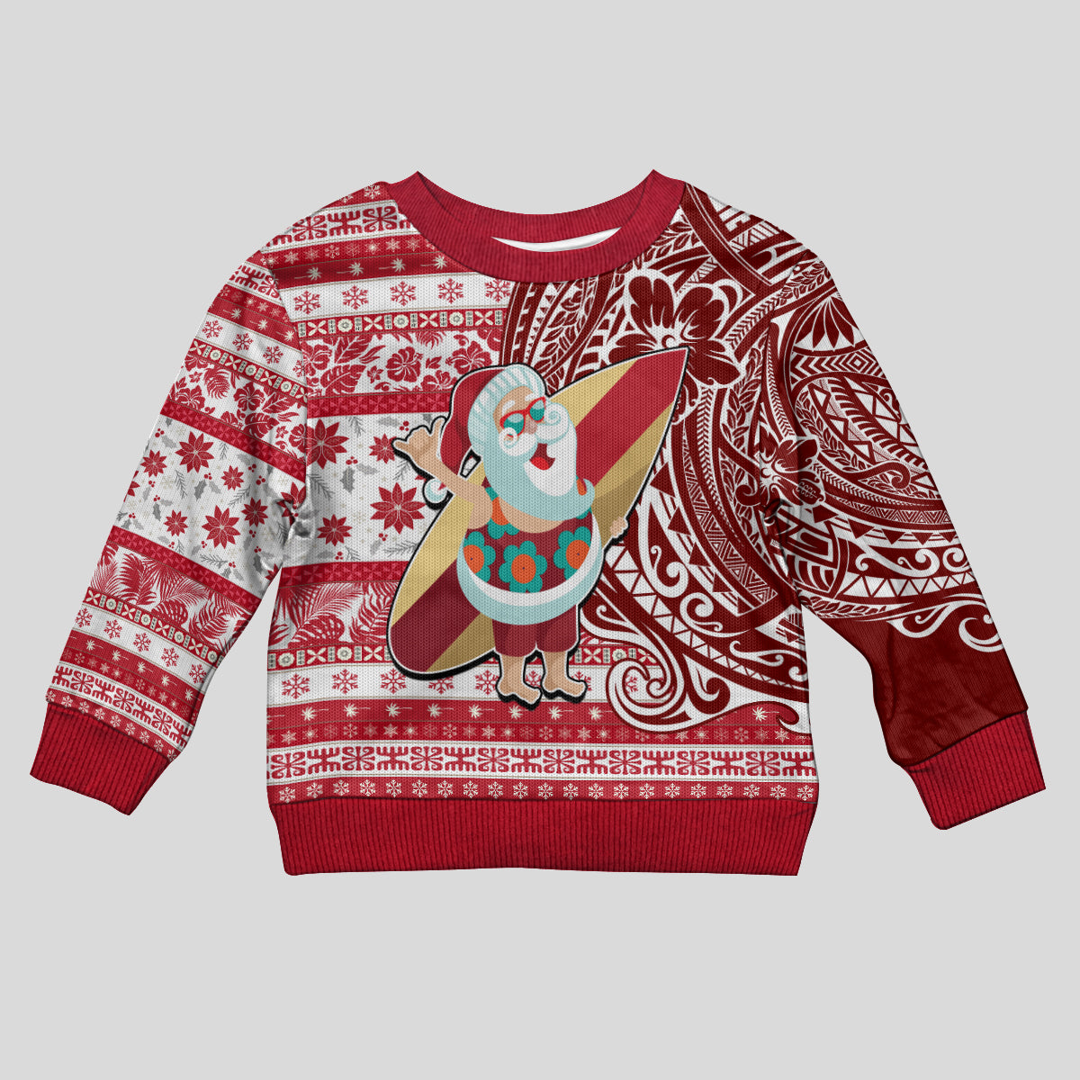 Hawaii Mele Kalikimaka Kid Ugly Christmas Sweater Santa Claus Surfing with Hawaiian Pattern Striped Red Style LT03 Kid Red - Polynesian Pride