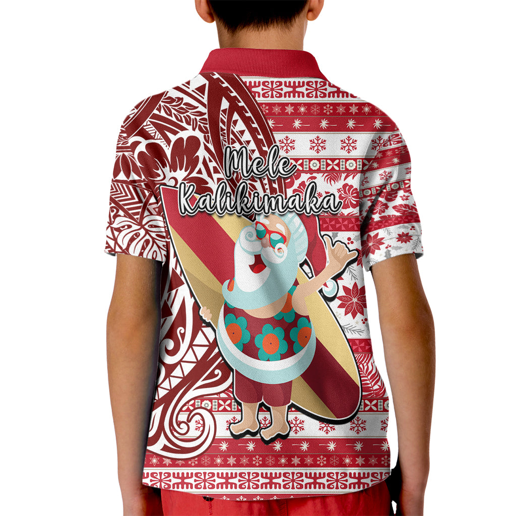 Hawaii Mele Kalikimaka Kid Polo Shirt Santa Claus Surfing with Hawaiian Pattern Striped Red Style LT03 - Polynesian Pride