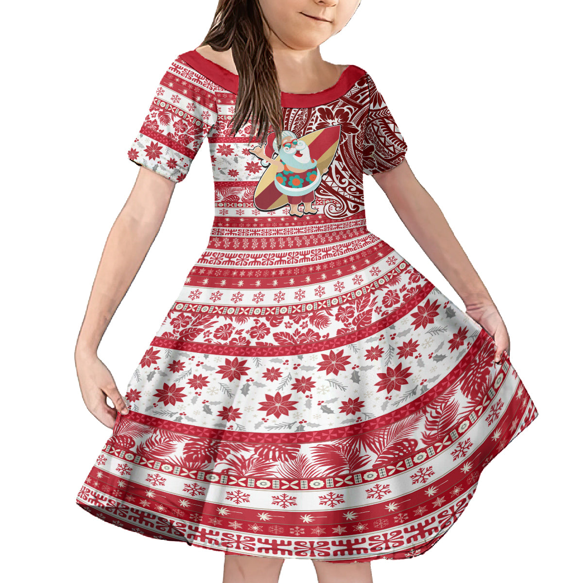 Hawaii Mele Kalikimaka Kid Short Sleeve Dress Santa Claus Surfing with Hawaiian Pattern Striped Red Style LT03 KID Red - Polynesian Pride