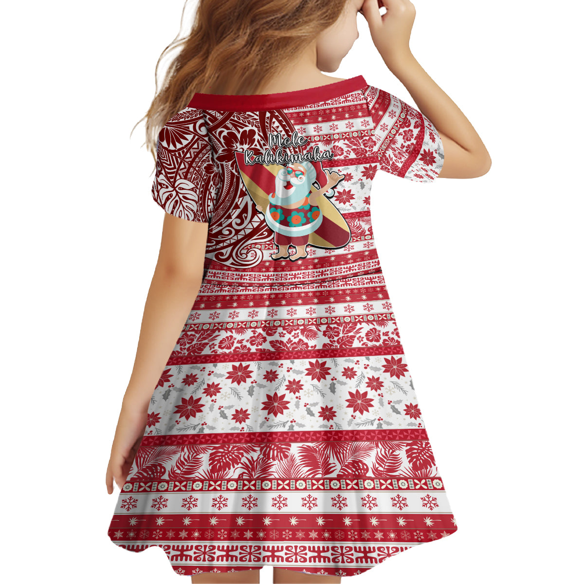 Hawaii Mele Kalikimaka Kid Short Sleeve Dress Santa Claus Surfing with Hawaiian Pattern Striped Red Style LT03 - Polynesian Pride