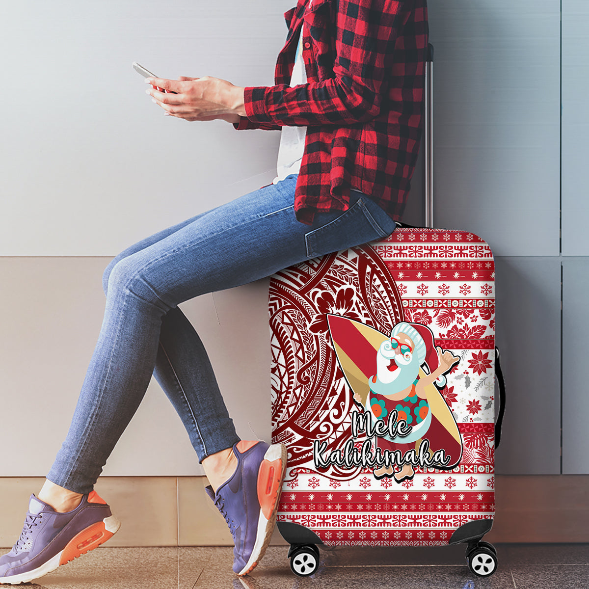 Hawaii Mele Kalikimaka Luggage Cover Santa Claus Surfing with Hawaiian Pattern Striped Red Style LT03 - Polynesian Pride