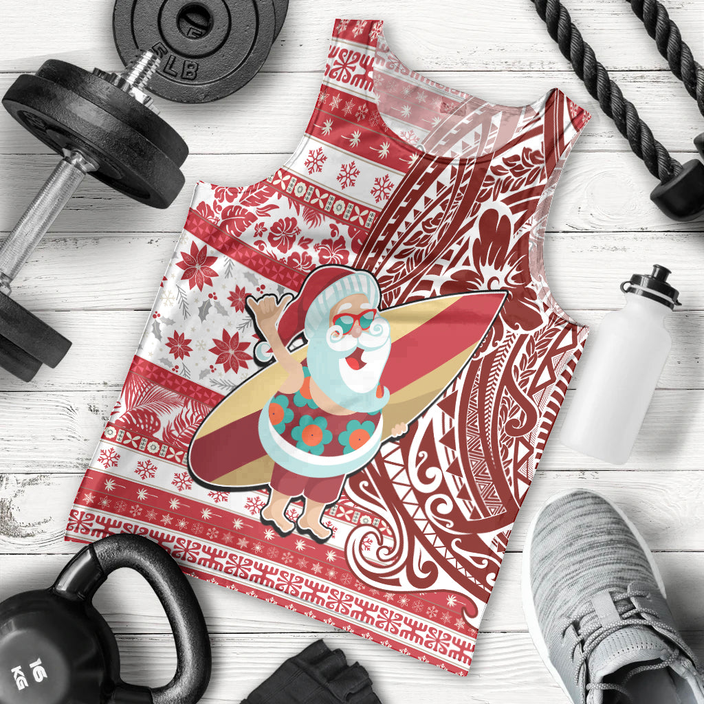 Hawaii Mele Kalikimaka Men Tank Top Santa Claus Surfing with Hawaiian Pattern Striped Red Style LT03 - Polynesian Pride