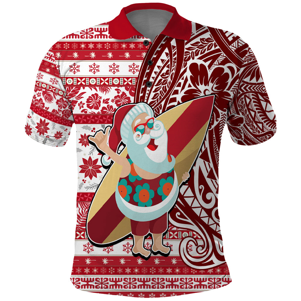 Hawaii Mele Kalikimaka Polo Shirt Santa Claus Surfing with Hawaiian Pattern Striped Red Style LT03 Red - Polynesian Pride