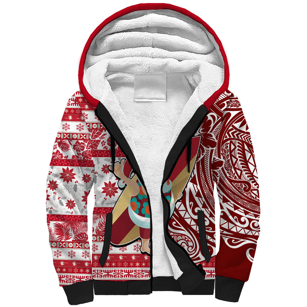 Hawaii Mele Kalikimaka Sherpa Hoodie Santa Claus Surfing with Hawaiian Pattern Striped Red Style LT03 Unisex Red - Polynesian Pride
