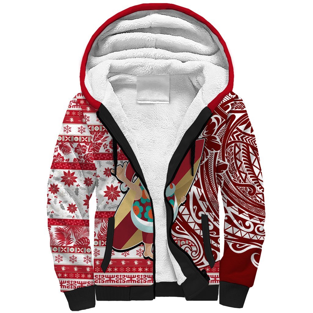 Hawaii Mele Kalikimaka Sherpa Hoodie Santa Claus Surfing with Hawaiian Pattern Striped Red Style LT03 Unisex Red - Polynesian Pride