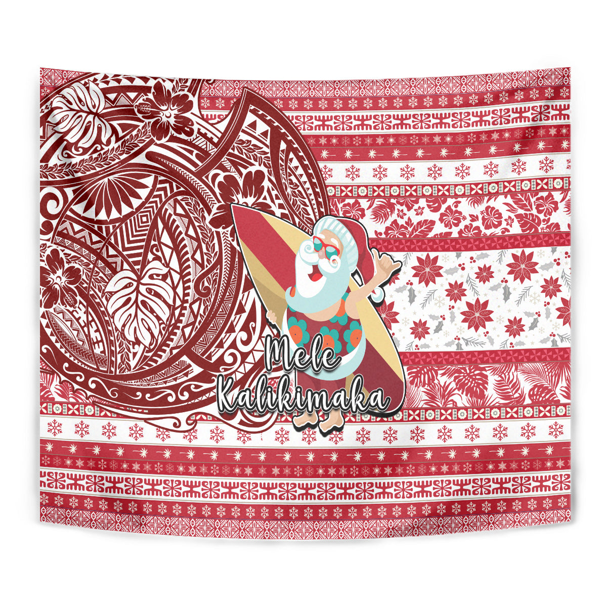 Hawaii Mele Kalikimaka Tapestry Santa Claus Surfing with Hawaiian Pattern Striped Red Style LT03 - Polynesian Pride