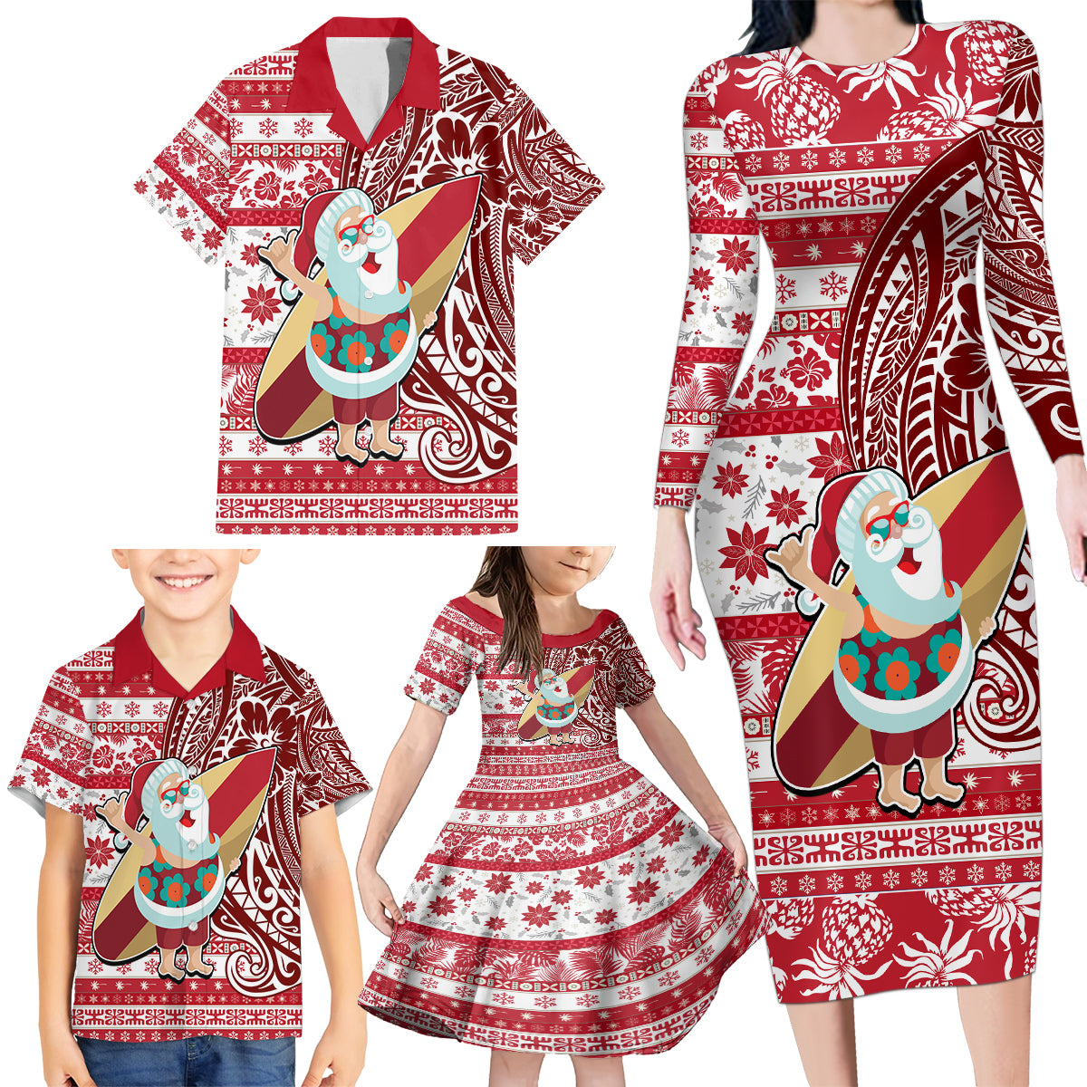 Custom Hawaii Mele Kalikimaka Family Matching Long Sleeve Bodycon Dress and Hawaiian Shirt Santa Claus Surfing with Hawaiian Pattern Striped Red Style LT03 - Polynesian Pride