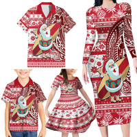 Custom Hawaii Mele Kalikimaka Family Matching Long Sleeve Bodycon Dress and Hawaiian Shirt Santa Claus Surfing with Hawaiian Pattern Striped Red Style LT03 - Polynesian Pride